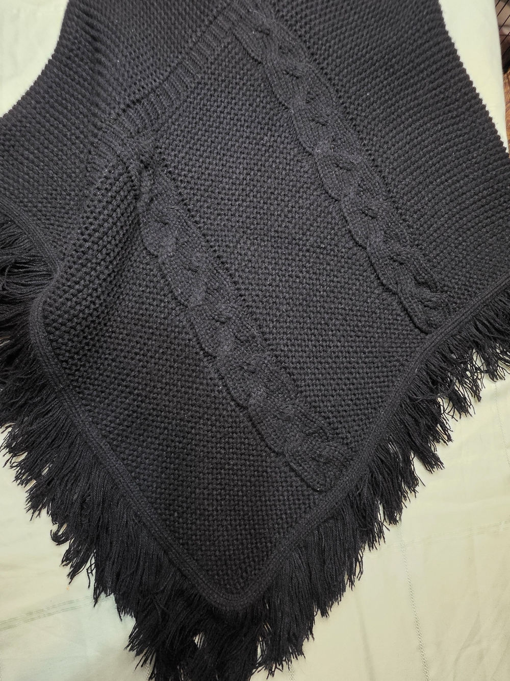 Cotton Emporium Black Cable Knit Fringe Poncho Made in USA One Size Cottagcore